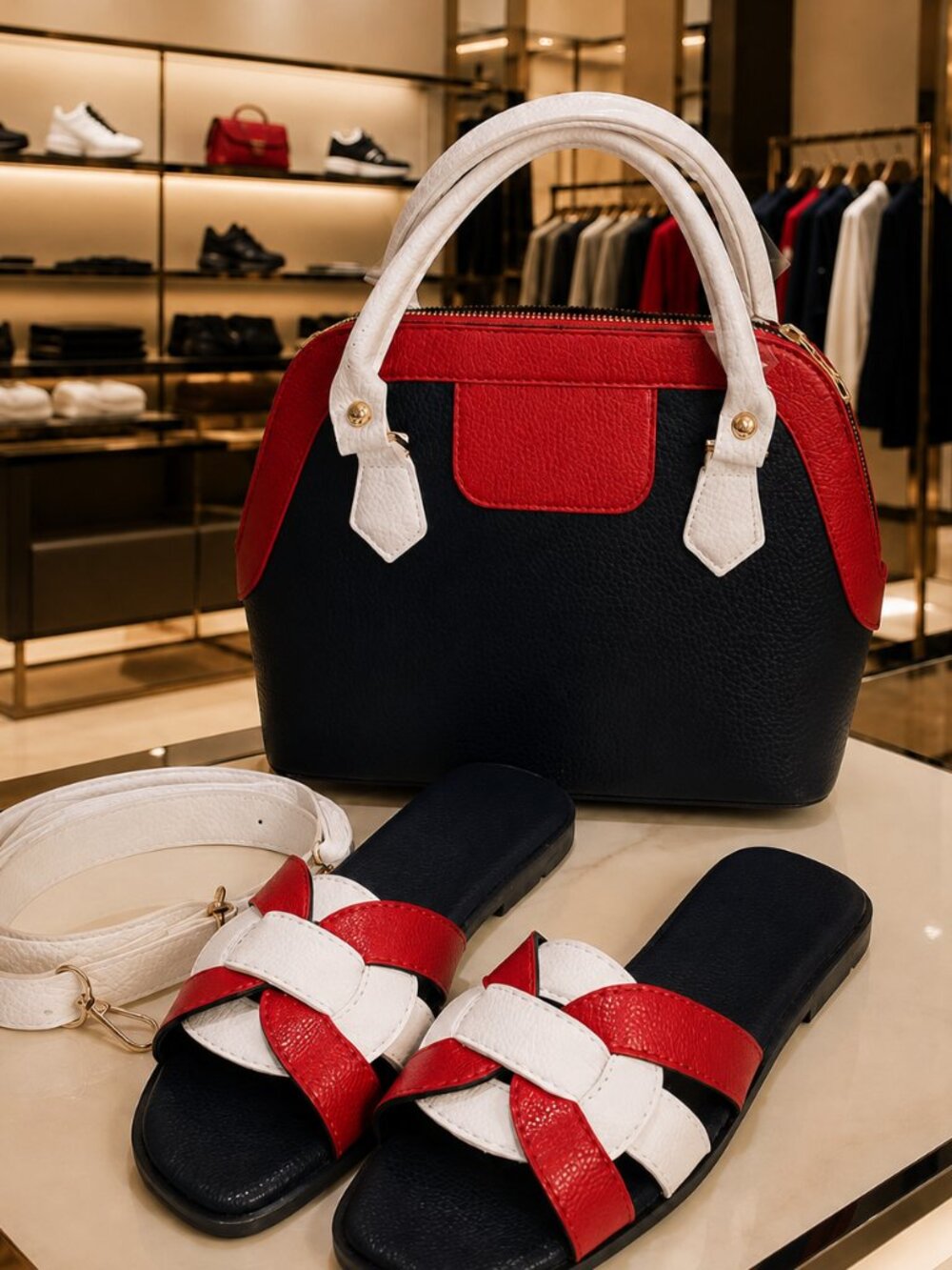 Women's Red White Navy Slide Sandals & Matching Handbag Set EU 37-41